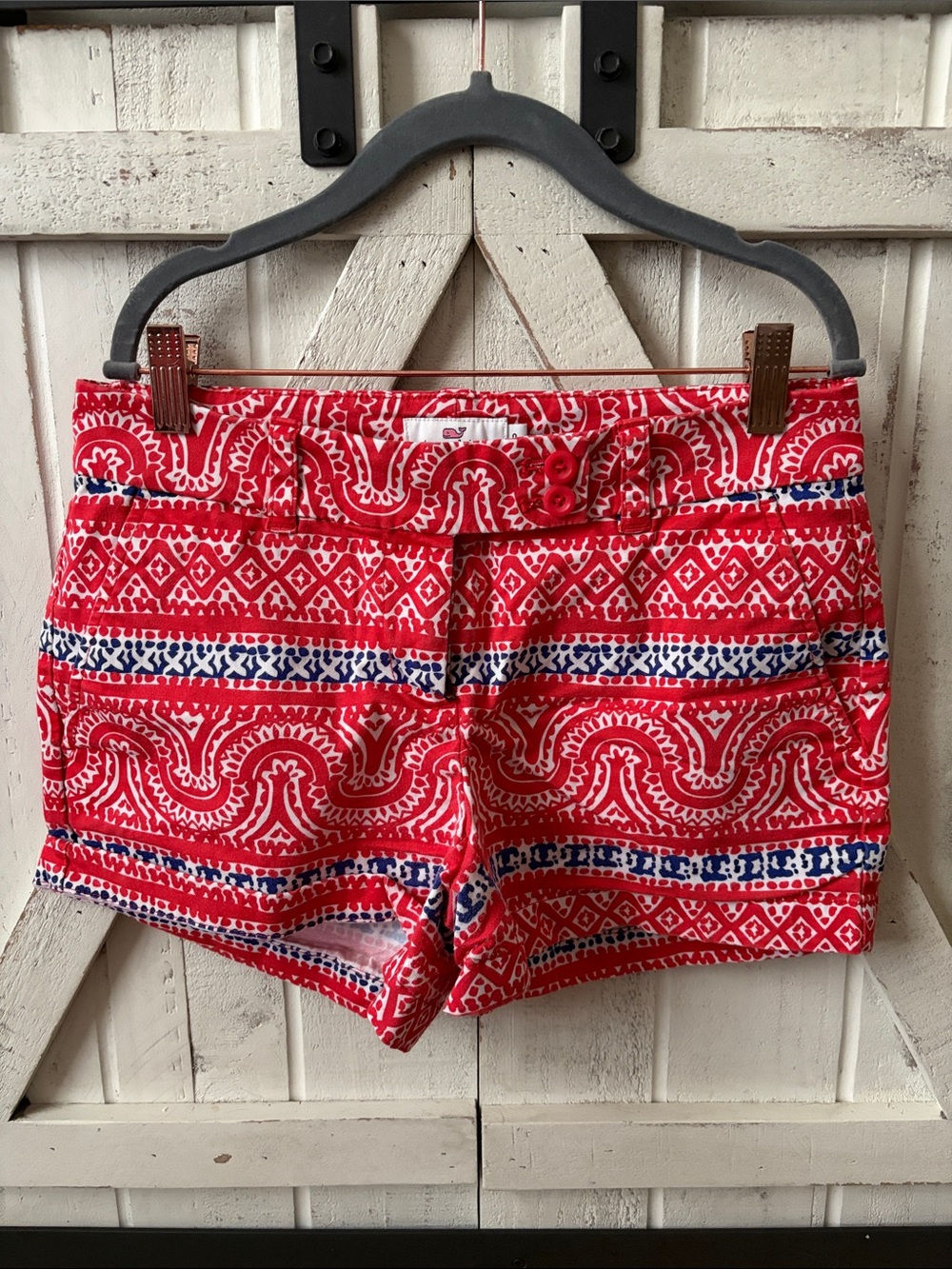 Vineyard Vines Red Patterned Cotton Blend Shorts with Navy Accents
